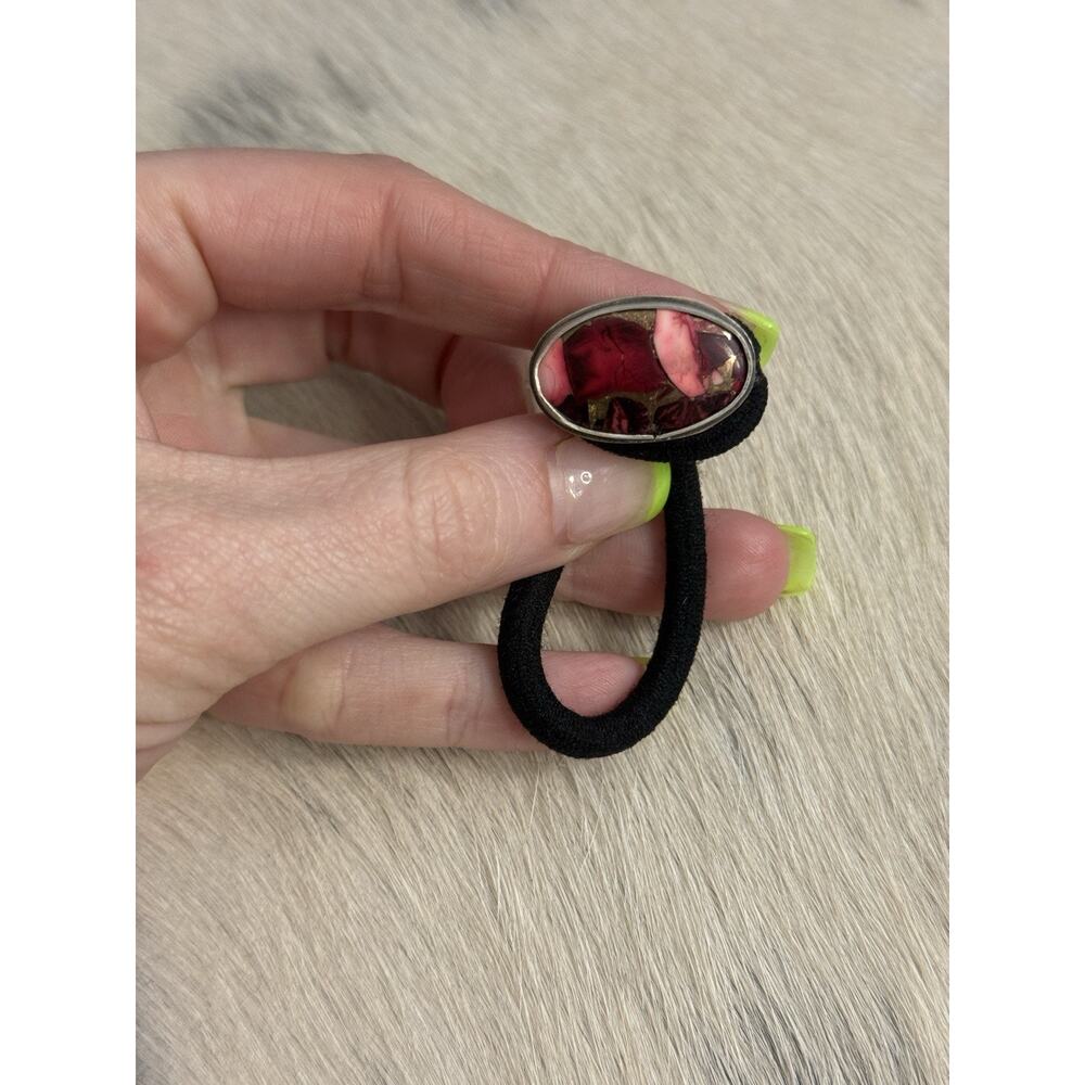 Native American Navajo Handmade Sterling Silver Red Rose Dahlia Oval Hair Tie